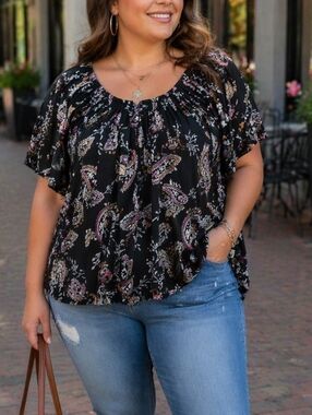 Style & Co Black Paisley Boho Top Stretch Jersey Flutter Sleeve Relaxed Fit